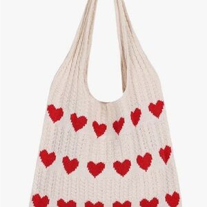 Chic Cream and Red Heart Patterned Tote Bag